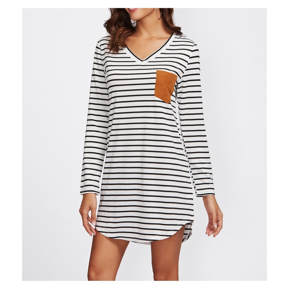 White Black Striped Long Sleeve Curved Tee Dress - Picture 3 of 5